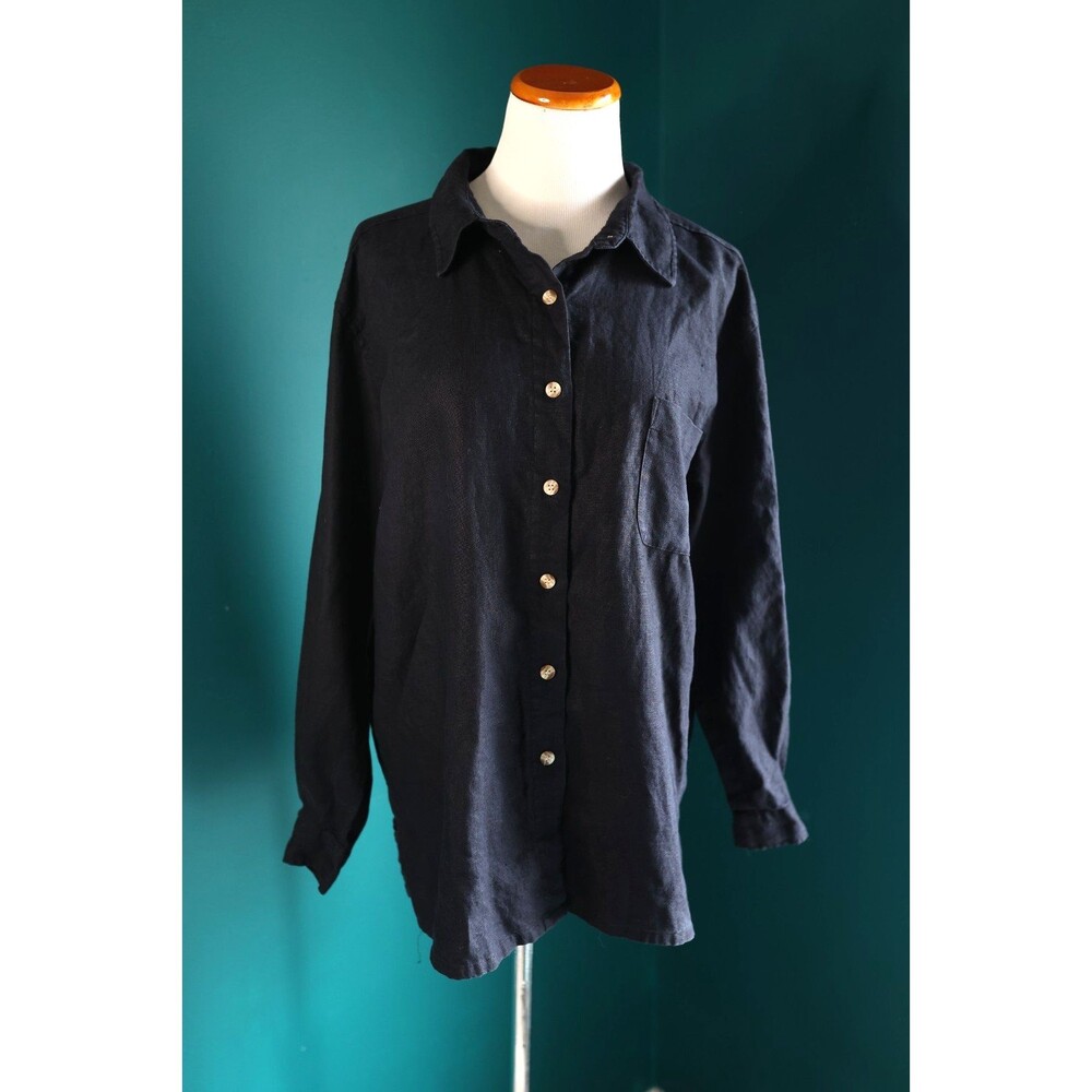 Vintage Real Comfort Women's Linen Black Button Up Long Sleeve Shirt Lagenlook L